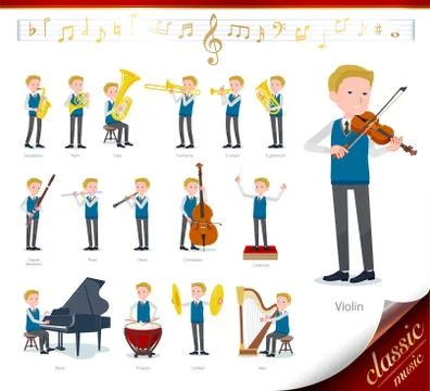 Flat type school boy White classic music Stock Illustration