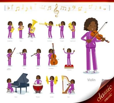 Flat type school dark skin girl purple jersey classic music Illustrazione stock