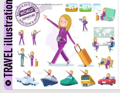 Flat type school fair skin girl purple jersey travel Illustrazione stock