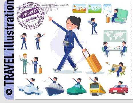 Flat type school girl Blue jersey travel Stock Illustration