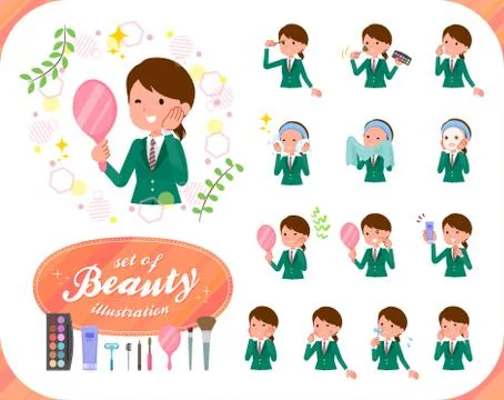 Flat type school girl Green Blazer beauty Stock-Illustration