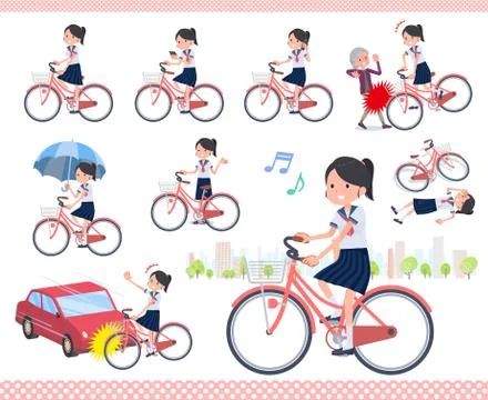 Flat type school girl Sailor suit summer city cycle Stock Illustration