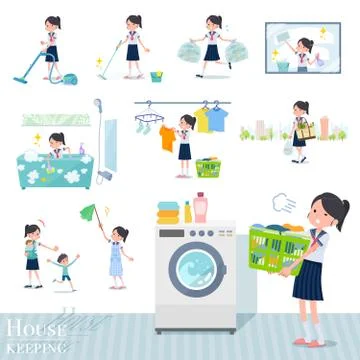 Flat type school girl Sailor suit summer housekeeping Stock Illustration