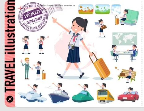 Flat type school girl Sailor suit summer travel Stock Illustration