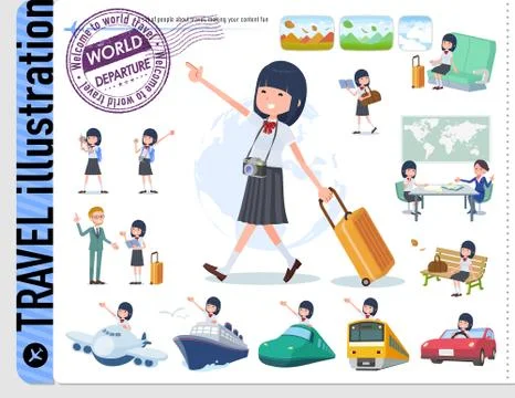 Flat type school girl White shirt summer travel Stock Illustration