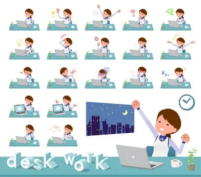 Flat type Store staff Blue uniform women desk work Stock Illustration