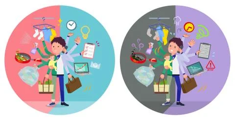 Flat type Store staff Blue uniform men mulch task switch 스톡 일러스트