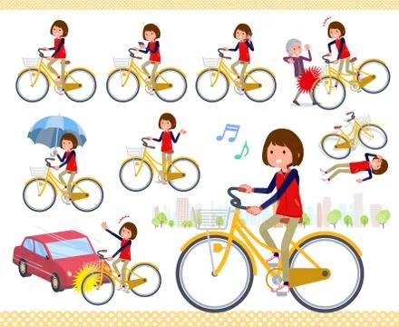 Flat type Store staff red uniform women city cycle Stock-Illustration