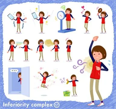Flat type Store staff red uniform women complex Illustrazione stock