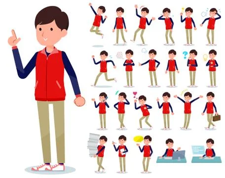 Flat type Store staff red uniform men emotion Stock Illustration