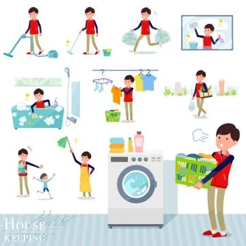 Flat type Store staff red uniform men housekeeping Illustrazione stock