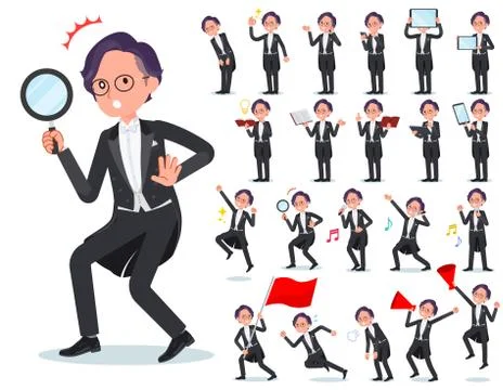 Flat type tail coat Glasses men Action Stock Illustration