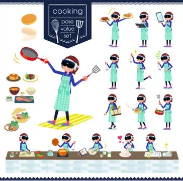 Flat type VR goggle women cooking Stock Illustration
