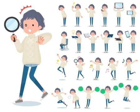 Flat type White cable knit women Action Stock Illustration