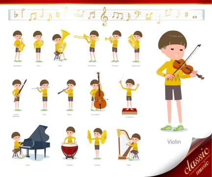 Flat type Yellow clothes Bob hair boy classic music Stock Illustration