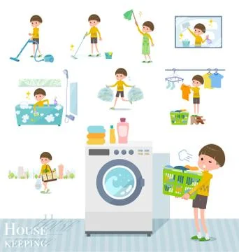 Flat type Yellow clothes Bob hair boy housekeeping Stock Illustration