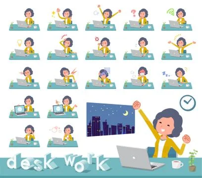 Flat type Yellow jacket Middle women desk work Stock Illustration