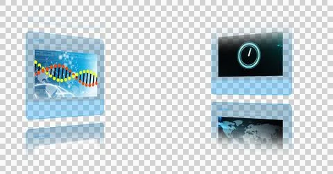Flat UI cards are floating on transparent plane featuring DNA, emojis, clock, Stockfoto's