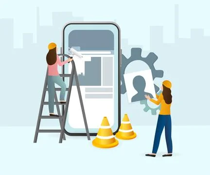 Flat under construction with people for web site design. Minimal design 스톡 일러스트