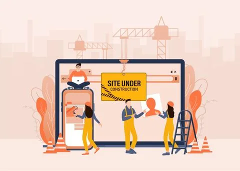 Flat under construction with people for web site design. Minimal design Stock Illustration