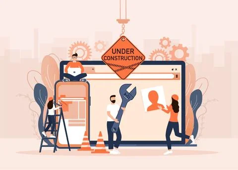 Flat under construction with people for web site design. Minimal design イラスト素材