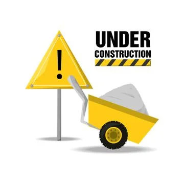 Flat under construction warning and cart with cement Illustrazione stock