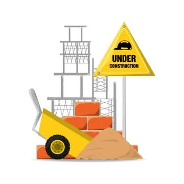 Flat under construction warning and cart with cement Stock Illustration