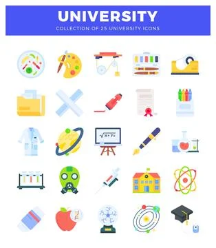 Flat university education and science icons. Stock Illustration