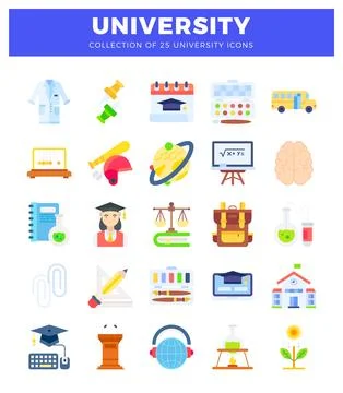 Flat university icons collection featuring academic and school symbols. Stock Illustration