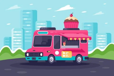 Flat urban van with sweets, cake and ice cream. Stock Illustration