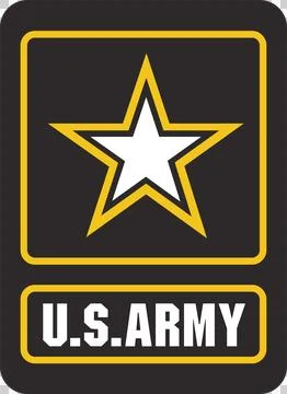 Flat US Army logo is featuring star outlined in gold, Army text panels on Stock Illustration