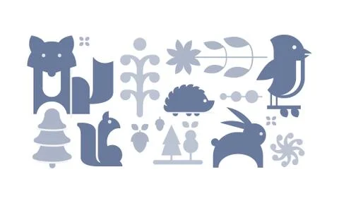 Flat vectoe set of cute forest elements. Wild animals, seeds, trees and leaves 스톡 일러스트
