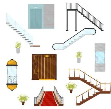 Flat vectoe set of different elevators and stairs. Cabins of mechanical lifts Stock Illustration