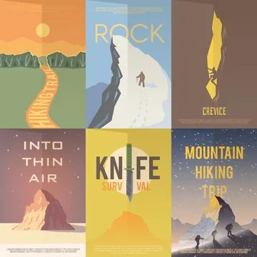 Flat vector advertising posters. Climbing, Hiking. Stock Illustration