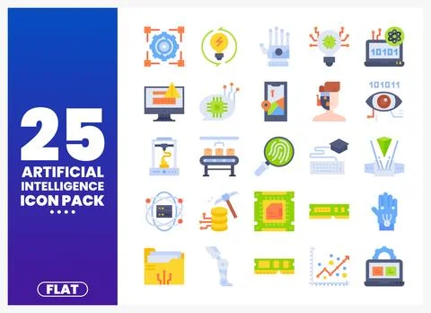Flat vector AI icons in a blue and purple gradient background. Stock Illustration