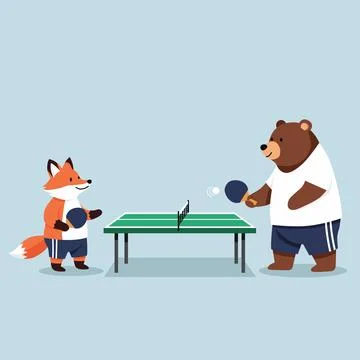 Flat vector of animal character bear and fox playing table tennis or ping pon Illustrazione stock