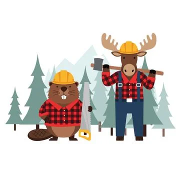 Flat vector of animal character beaver and moose wearing plaid shirts and h.. Stock Illustration
