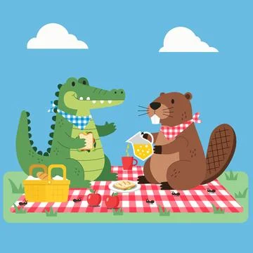 Flat vector of animal character crocodile and bever have a lunch outdoor picn Stock Illustration