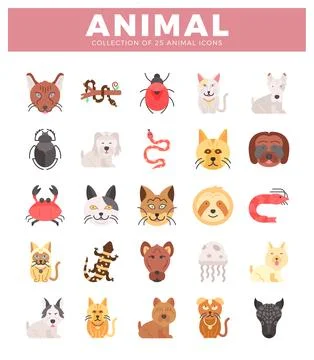 Flat vector animal icon collection on white background. Stock Illustration