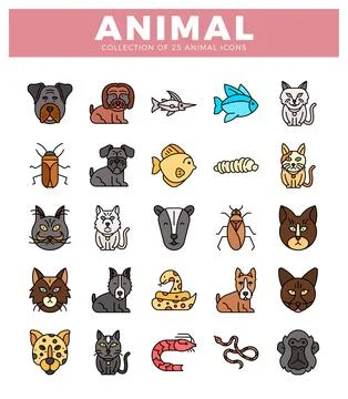 Flat vector animal icon collection. diverse pets and wildlife. Stock Illustration