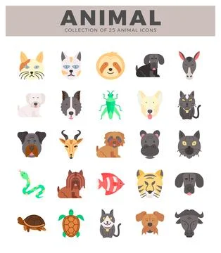 Flat vector animal icon collection with diverse species. displayed on white.. Stock Illustration