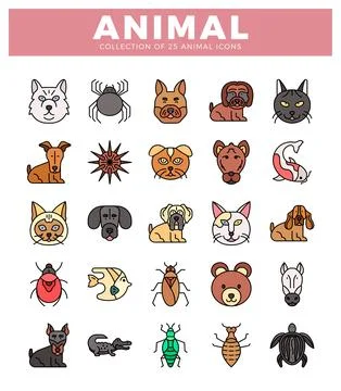Flat vector animal icon collection on white background Stock Illustration
