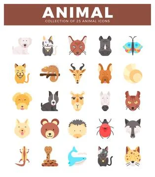 Flat vector animal icon set featuring cartoon mammals. reptiles. insects. a.. Stock Illustration