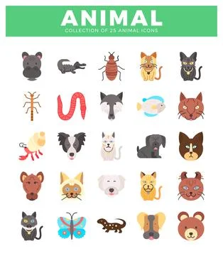 Flat vector animal icons collection. Mammals. reptiles. insects. fish and b.. Stock Illustration