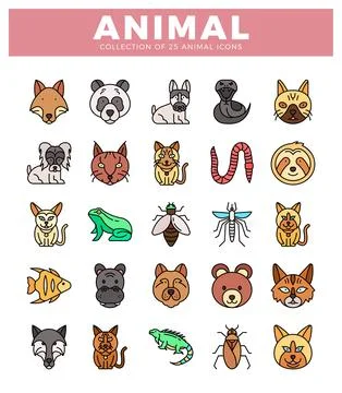 Flat vector animal icons collection on white background. Stock Illustration