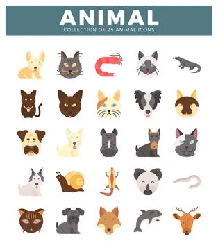 Flat vector animal icons collection for graphic design Stock Illustration
