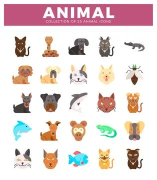 Flat vector animal icons. a diverse collection presented on a white backgro.. Stock Illustration