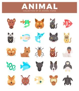 Flat vector animal icons in a grid layout with a brown header. Stock Illustration