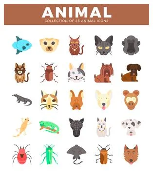 A flat vector animal icons in a grid format. Diverse animal faces including.. Stock Illustration