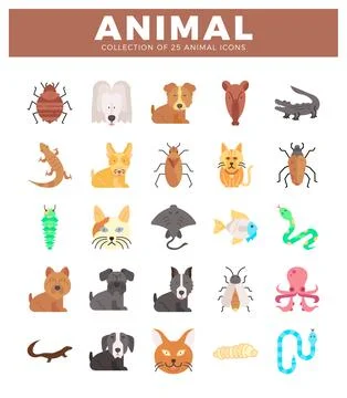 Flat vector animal icons including mammals. insects. reptiles. and sea crea.. Stock Illustration
